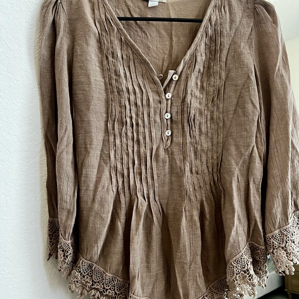 Westport Taupe Blouse with Lace Accents